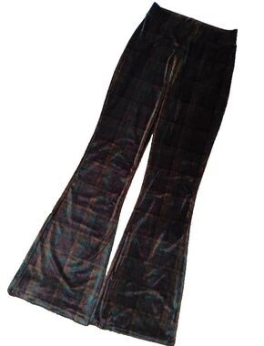 Zara Woman Plaid Velour Flare Pants S Brown Green Stretch High Rise Fall Y2K